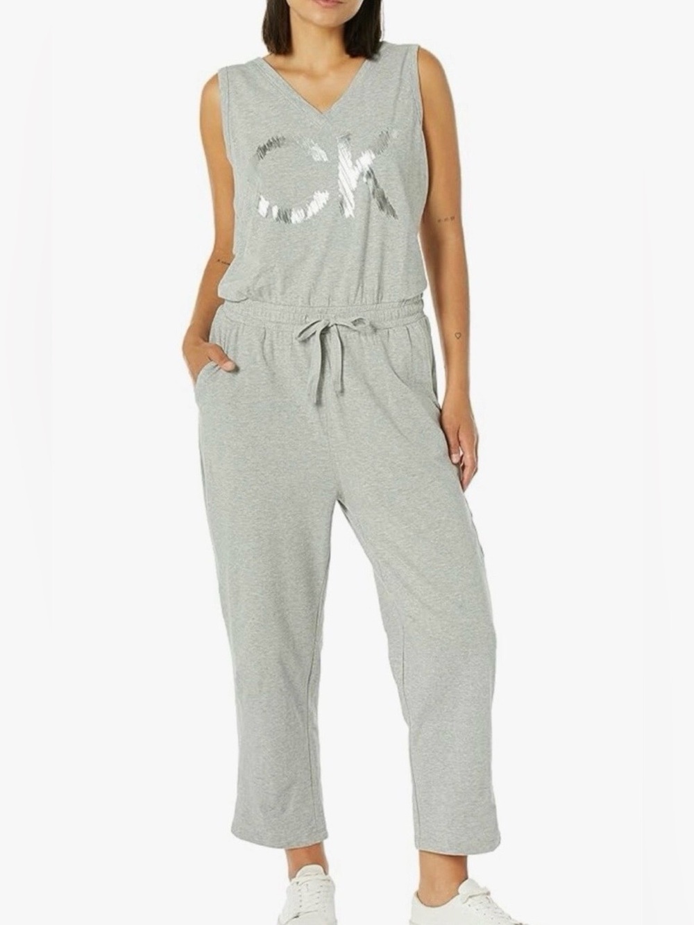 CALVIN KLEIN Sleeveless Jumpsuit CK Silver Logo Print Heathered Grey Women's S